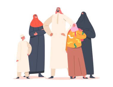 Geleneksel Arap Ailesi, Ebeveynler ve Çocuklar Karakterleri. Suudi Halkı Ulusal Kıyafetler Giyiyor Thawb veya Kandura ve Hijab