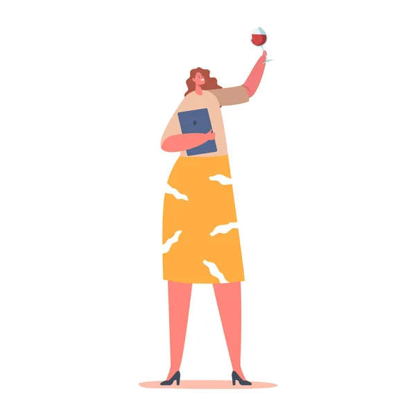 Sommelier kvinnlig karaktär provsmakning vin koncept. Specialist med dryck i vinäger och Tablet Pc, Drink Degustation — Stock vektor