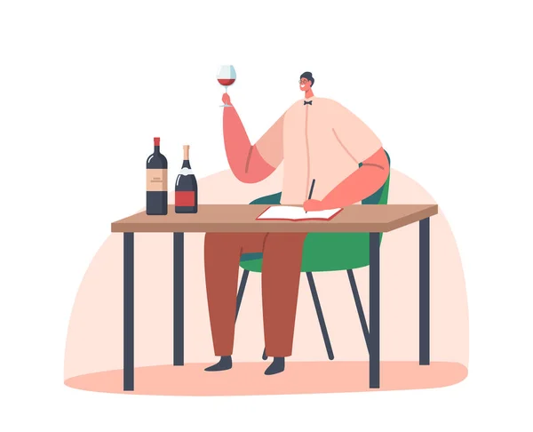 Sommelier Γευσιγνωσίας Έννοια κρασιού. Ειδικός αρσενικό χαρακτήρα κάθεται στο τραπέζι με γυάλινα μπουκάλια και κύπελλο με ποτό αλκοόλ — Διανυσματικό Αρχείο