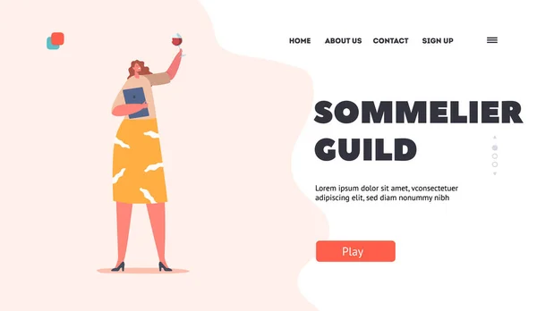 Sommelier Guild Landing Page Template. Female Character Tasting Wine Concept. Specialist with Beverage in Wineglass — стоковый вектор