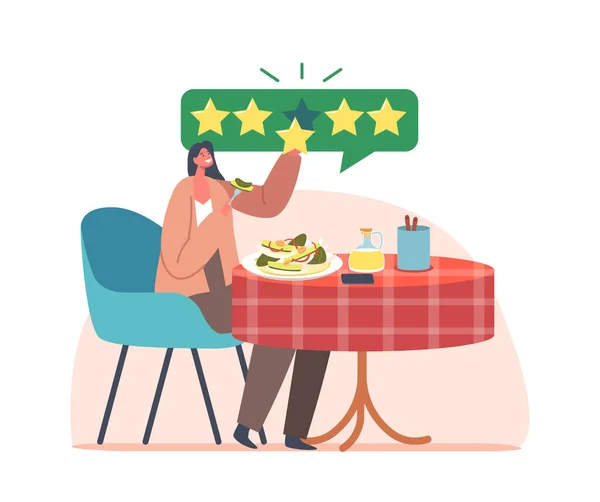 Critico alimentare, Soddisfatto personaggio Foodie seduto a tavola godendo deliziosi pasti a cinque stelle. Ristorante di visita esperto — Vettoriale Stock