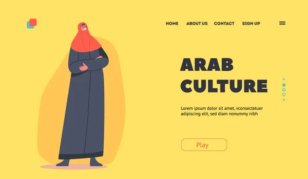 Arab Culture Landing Page Template. Arabic Woman Wear Traditional Dress, Arabian Female Dressed in National Costume — Stock Vector