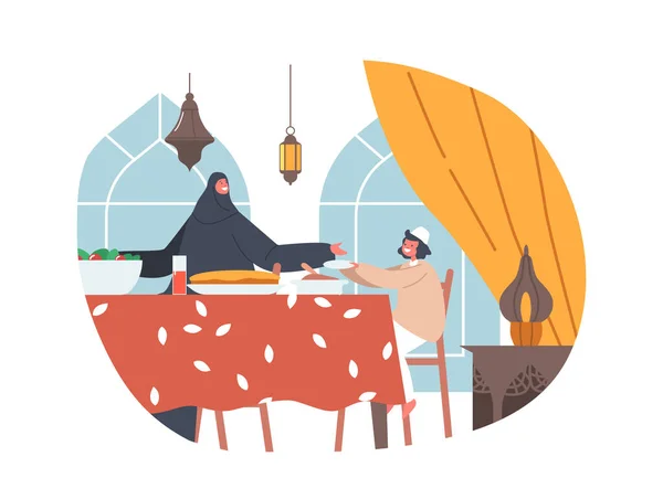 Muslim Holiday Celebration, Traditional Ifthar Dining. Arab Family Characters Mother with Son Eat Iftar Sitting at Table — ストックベクタ