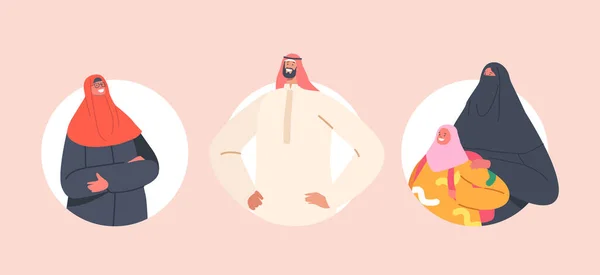 Traditional Arab Family Characters Avatars Isolated Round Icons. Parents and Children Saudi People Wear National Clothes — Stock Vector
