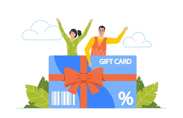 Tiny Male and Female Character Stand near Enorme Gift Card Wrapped with Red Bow. Promoción de Compras y Venta Festiva — Archivo Imágenes Vectoriales