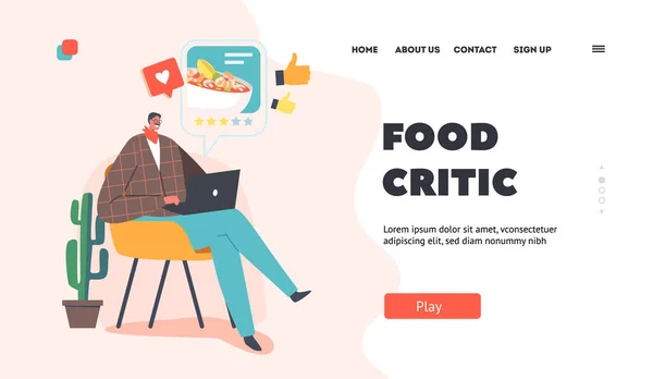 Voedsel Critic Landing Page Template. Ontevreden Foodie Karakter met Laptop Maak een review over Restaurant Maaltijden — Stockvector