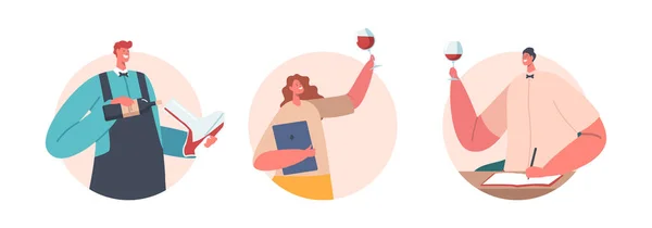 Набор винных стюардов и напитков Sommelier Degustation Isolated Avatars или Round Icons. Ресторанные эксперты обслуживают напитки — стоковый вектор