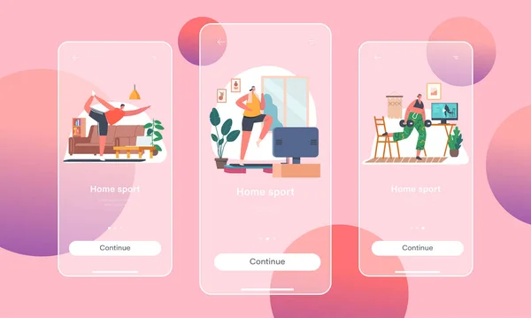 Home Sport Mobile App Page Onboard Screen Template. Fitness, Healthy Lifestyle, Workout. Characters Doing Stretching — стоковый вектор