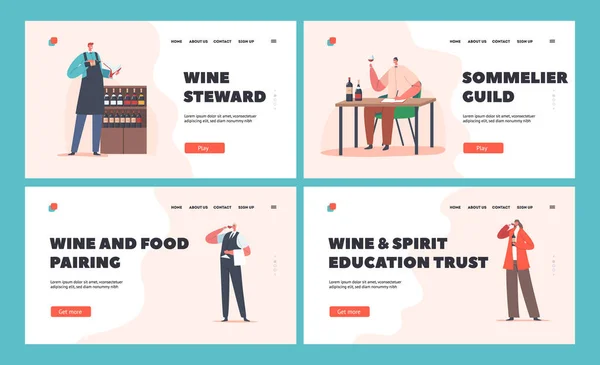 Sommelier or Stewards Wine Degustation Landing Page Template Set. Restaurant Expert Characters Serving Drinks Service — 스톡 벡터