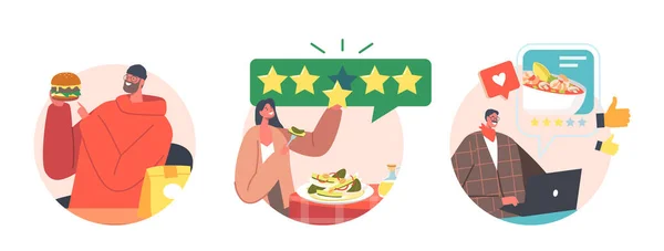 Élelmiszer Kritikusok Avatarok vagy Kerek Ikonok, Kóstoló Vélemény az élelmiszerekről. Szakmai Bloggers Making Review rangsor — Stock Vector
