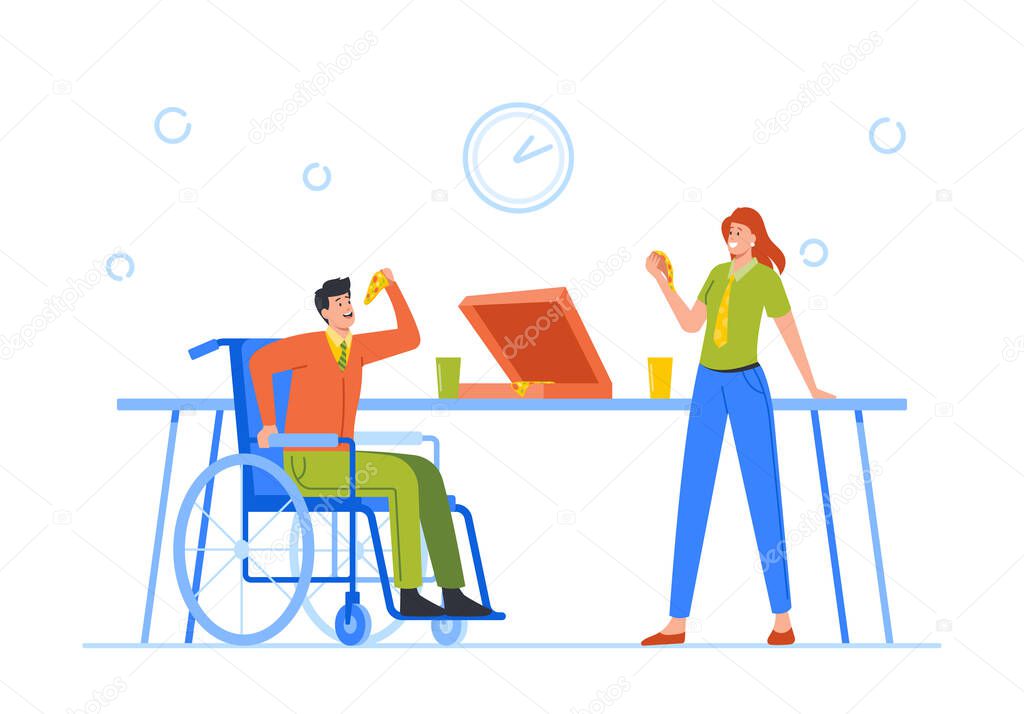 Business Colleagues Team Eating Pizza in Office Sit at Desk. Handicapped Person on Wheelchair Communicate with Coworker