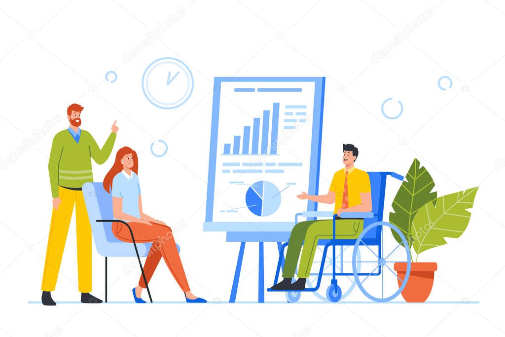 Conference Room Meeting, Presentation or Seminar with Business Characters Learn Financial Data Charts with Disabled Man