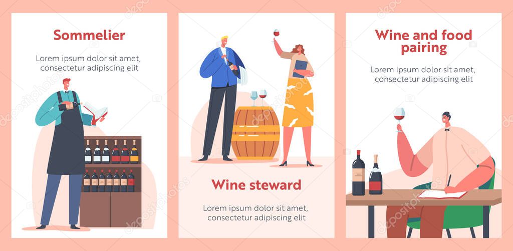 Sommelier or Stewards Wine Degustation Banners. Restaurant Expert Characters Serving Drinks, Provide Wine Service