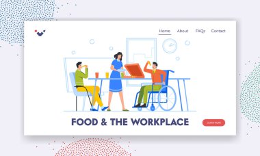 Yemek İş Yeri İniş Şablonu 'nda. İş Ekibi Ofiste Pizza Yeme Engelli Meslektaşları, Öğle Yemeği