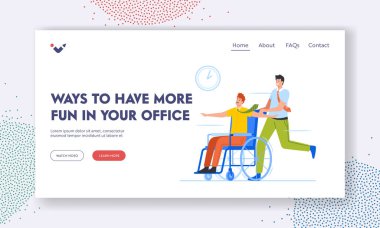 Ofis Eğlenceli İniş Sayfa Şablonu. Ofiste tekerlekli sandalyedeki iş arkadaşı Rolling Person. İş İnsanları Kandırıyor