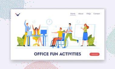 Ofis Eğlence Faaliyetleri İniş Sayfa Şablonu. İş Adamları, Tekerlekli sandalyede oturan Engelli İş Arkadaşlarını Kandırıyor, Yuvarlıyor