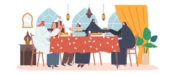 Personagens tradicionais da família árabe comendo Ifthar ou Iftar sentados juntos na mesa com várias refeições durante o Ramadã —  Vetores de Stock