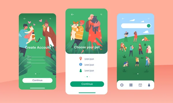 Kies uw Pet Mobile App Page Onboard Screen Template. Meisjes en jongens Kinderen personages knuffelen en wandelen met huisdieren — Stockvector