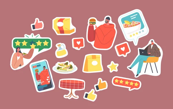 Jeu de Stickers Critiques Alimentaires, Dégustateurs se prononçant sur l'Alimentation. Écrivains ou blogueurs professionnels faisant l'examen et le classement — Image vectorielle