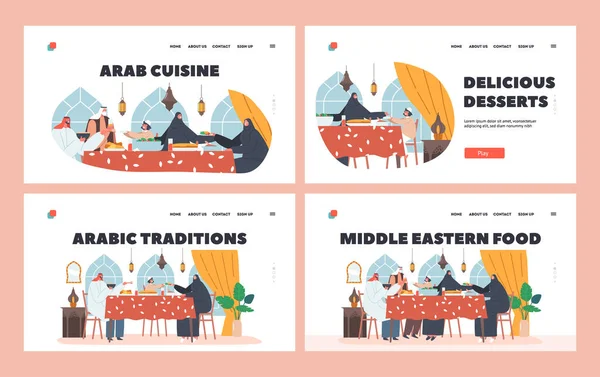 Arabian Food Landing Page Template Set. Personajes tradicionales de la familia árabe cenando sentados juntos en la mesa — Vector de stock