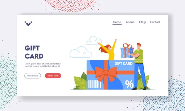 Gift Card Landing Page Template. Customers Care and Loyalty Program. Tiny Man Buyer Character Stand at Huge Certificate — стоковый вектор