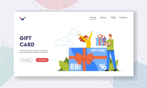 Plantilla de Landing Page con Tarjeta Regalo. Programa de Atención y Lealtad de Clientes. Tiny Man Buyer Character Stand en el certificado enorme — Archivo Imágenes Vectoriales