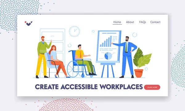 Create Accessible Workplaces Landing Page Template. Business Team with Disabled Persons on Seminar, Coach Presentation — 스톡 벡터