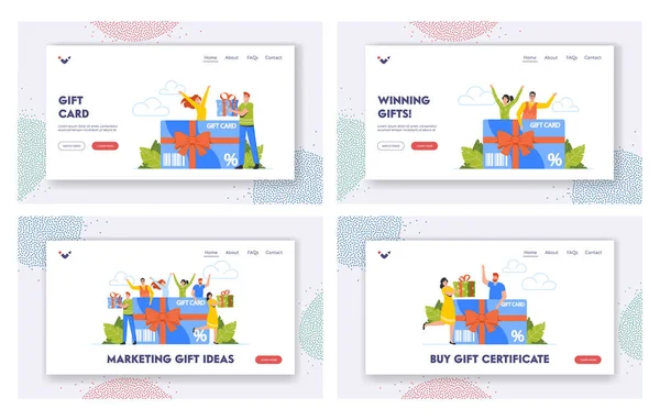 Gift Ideas Landing Page Template Set. Personagens comprando coisas e presentes para feriados usando o certificado de presente — Vetor de Stock