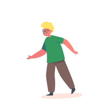 Mutlu Çocuk Gözlük, Yeşil Tişört ve Kahverengi Pantolon giyer. Çocuk Karakteri Gülümseyen Mutlu Çocuk