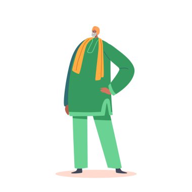 Yaşlı Hintli adam yeşil uzun cübbe, sarı sarık ve pantolon giyiyor. Erkek Karakter Geleneksel Giysiler Giyer