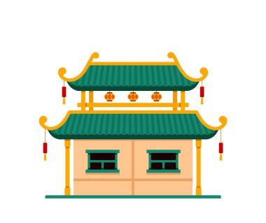 Pagoda İnşaat Simgesi, Çin veya Japon Asya Yeşil ve Altın Renkli Kulesi ve Çift Çatı. Çin ya da Japonya Tapınağı