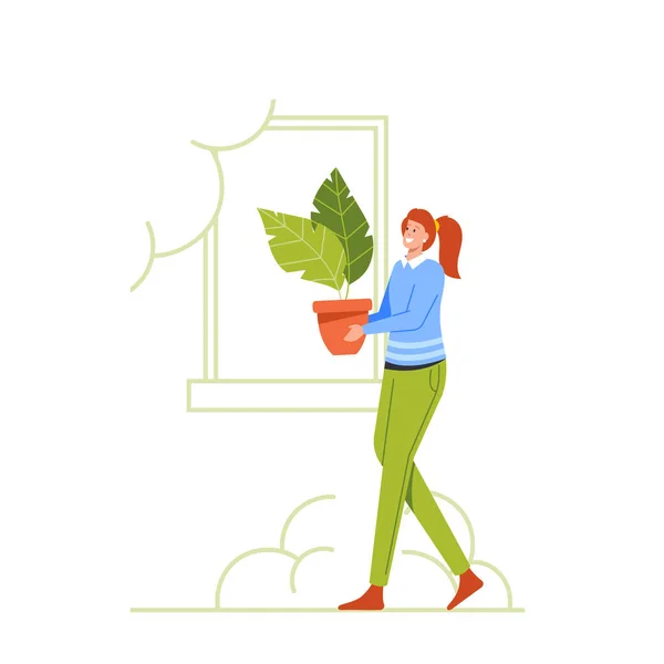 Business Woman Character Carry Grön krukväxt, chef arbetar i moderna kontor med biofila design. Miljövänlig — Stock vektor