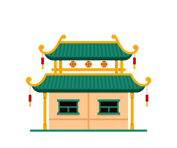 Pagoda Building Icon, Chinese or Japanese Asian Tower of Green and Gold Colors and Double Roof. Temple of China or Japan — стоковый вектор