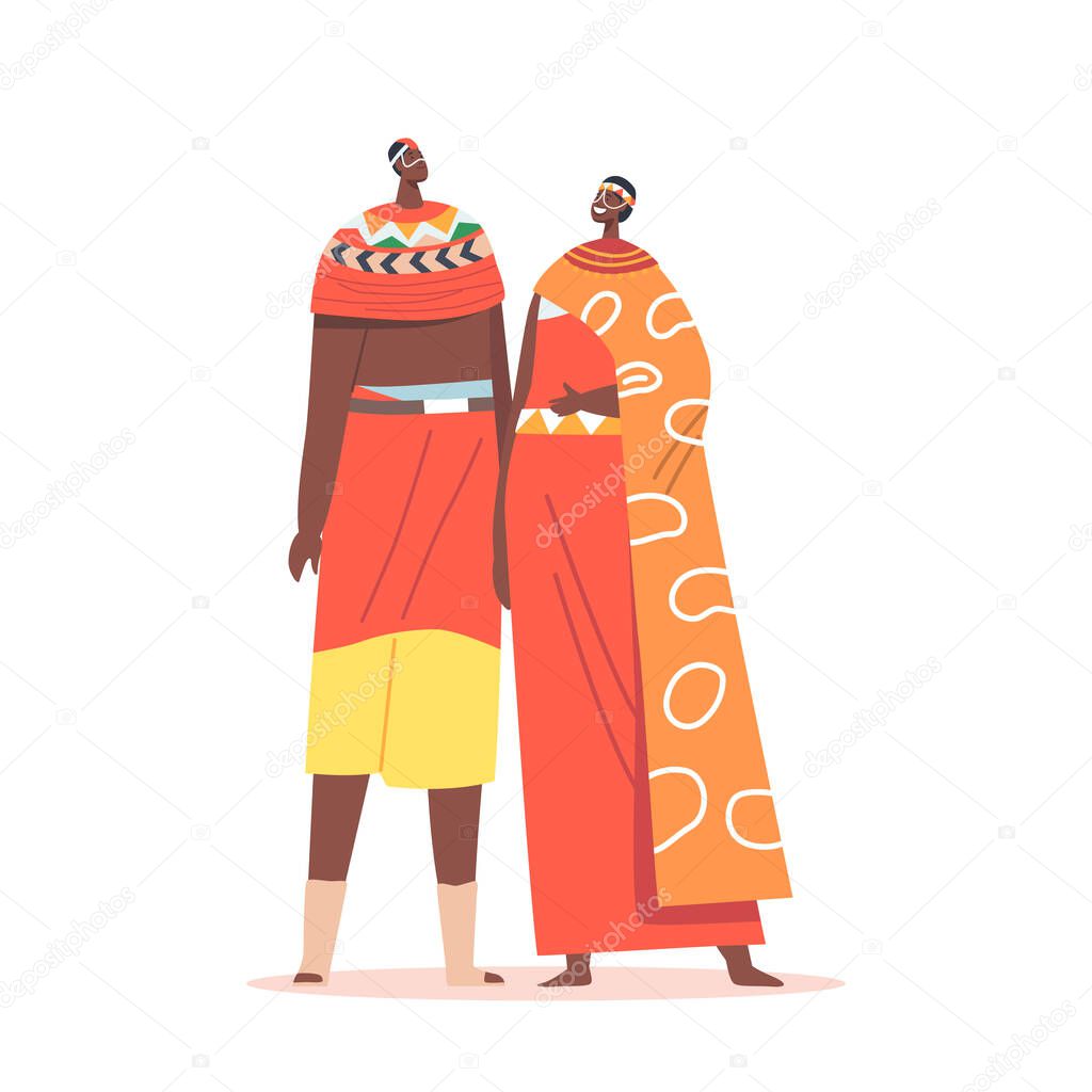 African Couple Man and Woman Wear Traditional Clothes Isolated on White Background. Tribal Male and Female Characters