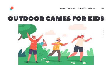 Çocuklar için açık hava oyunları iniş sayfası şablonu. Çocuklar anneleriyle parkta saklambaç oynuyor. Doğada Yaz Eğlencesi