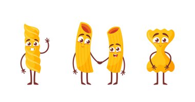 Tatlı Makarna Karakterleri Emoji, Komik Erişte Kişileri İtalyan Buğday Yemeği. Kawaii Makarna Maskotları El ele tutuşuyor