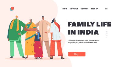 Hindistan 'da Aile Hayatı İniş Sayfası Şablonu. Hint Ailesi Geleneksel Giysiler Giyer. Erkek ve Kadın Karakterler Ebeveynleri