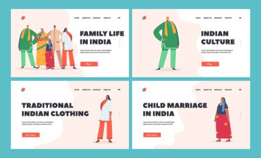 Hint Ailesi İniş Sayfa Şablonu. Erkek ve Kadın Karakterler Geleneksel Giysiler Giyer. Gülümseyen Ebeveynler