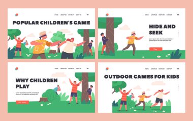 Popüler Çocuk Oyunları İniş Şablonu Ayarları. Çocuklar parkta ya da ormanda saklambaç oynuyor, Mutlu Karakterler Eğlencesi