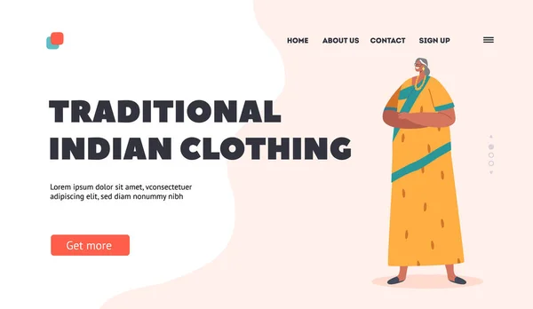 Traditionella indiska kläder landning sida mall. Senior Woman bär Long Sari och tillbehör. Gammal kvinnlig karaktär — Stock vektor