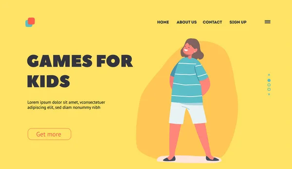 Games for Kids Landing Page Template. Happy Little Girl Wear Striped T-shirt. Smiling Child Character Playing, Fun — ストックベクタ