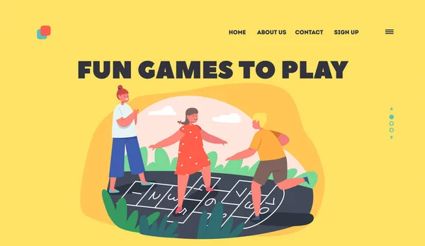 Fun Games to Play Landing Page Template. Friends Spend Time on Playground. Children Boys and Girls Characters Play — стоковый вектор