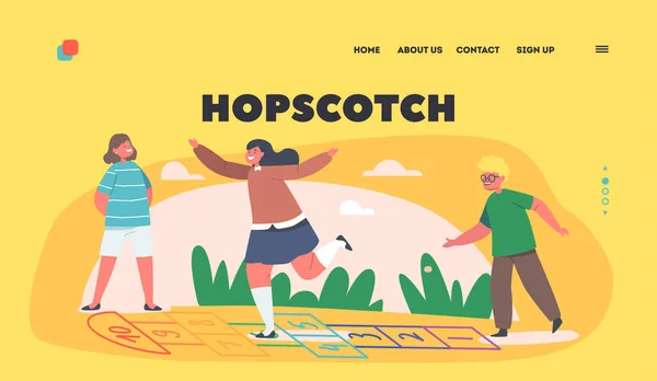 Crianças Jogar Hopscotch Game Landing Page Template. Happy Kids Summer Activity. Rapazes e raparigas amigos no parque infantil — Vetor de Stock