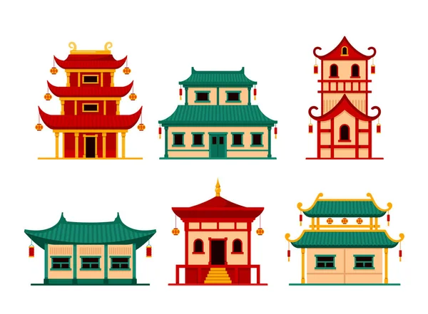 Traditionelle asiatische Gebäude Ikonen, Pagode, Mausoleum, Tempel mit Laternen. Sehenswürdigkeiten am Reiseziel — Stockvektor