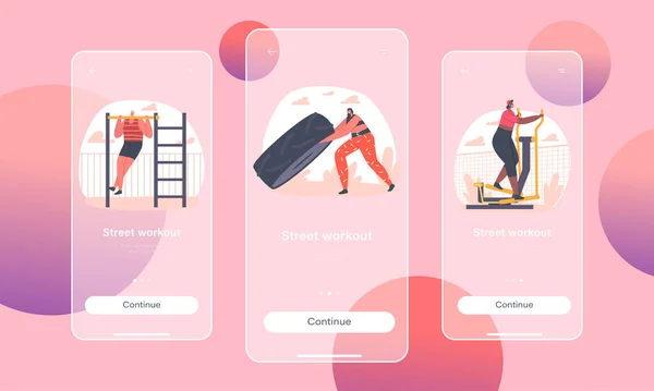 Street Workout Mobile App Page Plantilla de pantalla a bordo. Entrenamiento de personas en House Yard. Personajes Ejercicio, Entrenamiento — Vector de stock