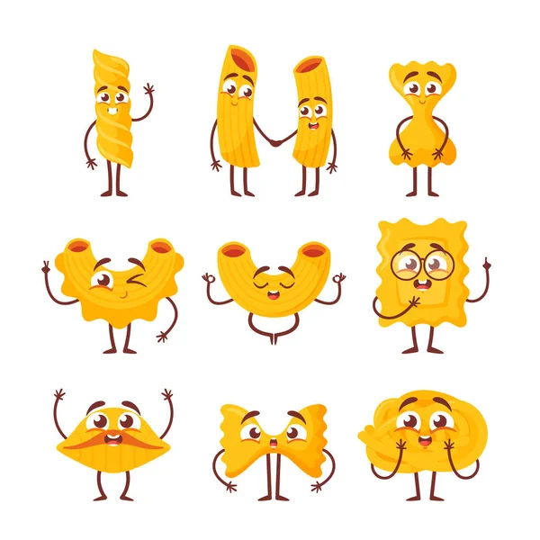 Lindos personajes de pasta Emoji, comida italiana de trigo. Macarrones con manos, piernas y caras sonrientes de Kawaii — Vector de stock