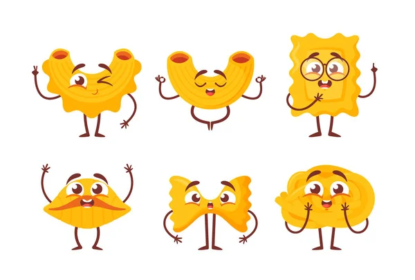 Set of Funny Pasta Characters, Noodles with Cute Faces, Hands and Feet, Comic Spaghetti, Rigati or Fettuccine Personages — ストックベクタ