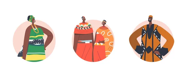 Пара африканських людей Набір круглих іконок або аватарів, пари в традиційному одязі, ізольовані чоловічі та жіночі персонажі — стоковий вектор