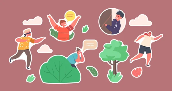 Set of Stickers Children Playing Hide and Seek in Park or Forest, Kids and Mother Characters Summer Fun and Recreation — 스톡 벡터