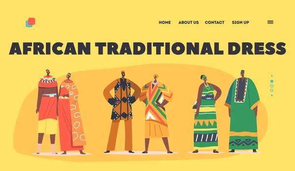Afrikanische Menschen paaren sich in traditioneller Kleidung zur Landing Page Template. Männliche weibliche Charaktere in farbigen Nationaltrachten — Stockvektor